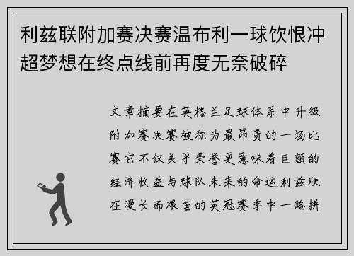 利兹联附加赛决赛温布利一球饮恨冲超梦想在终点线前再度无奈破碎 利兹联附加赛决赛温布利一球饮恨冲超梦想在终点线前再度无奈破碎