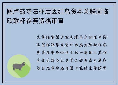 图卢兹夺法杯后因红鸟资本关联面临欧联杯参赛资格审查